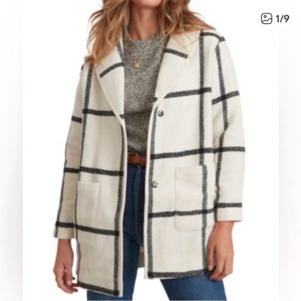 Marine Layer Windowpane Plaid Cream Coatigan Jacket EUC size Large